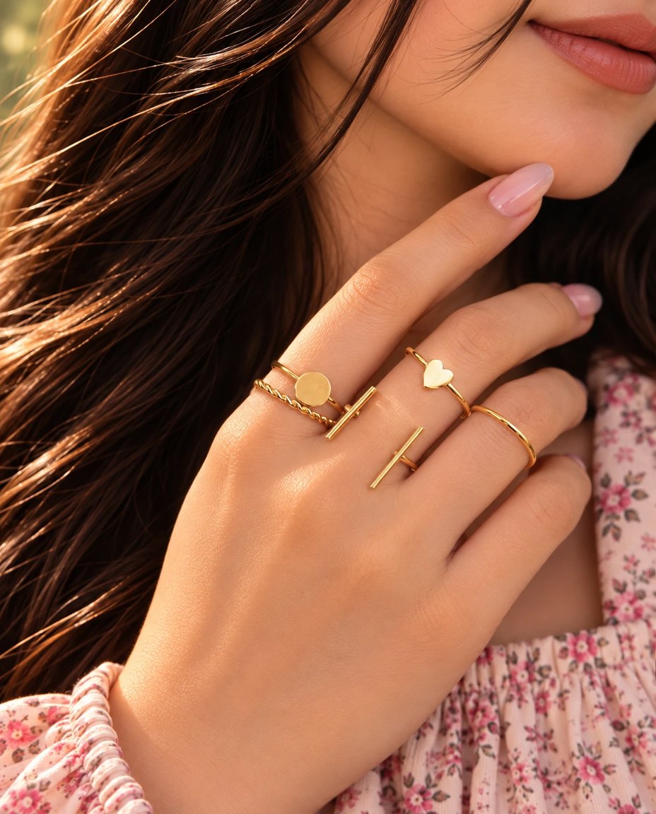Minimal Gold Heart & Bar Ring Set